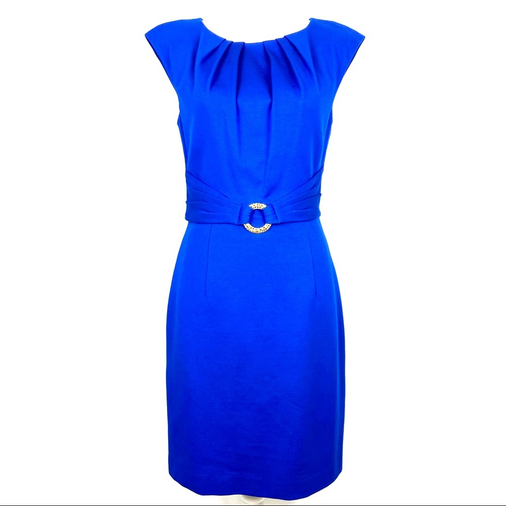 Trina Turk Annika Cap Sleeve Pleated Blue Sheath Dress With Gold Faux Belt